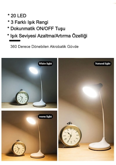 Ps-1918 Şarjlı Dokunmatik 20 Led 3 Kademeli Ayarlanabilir Renk Tonu Ve Parlaklık Masa Lambası Çok Renkli
