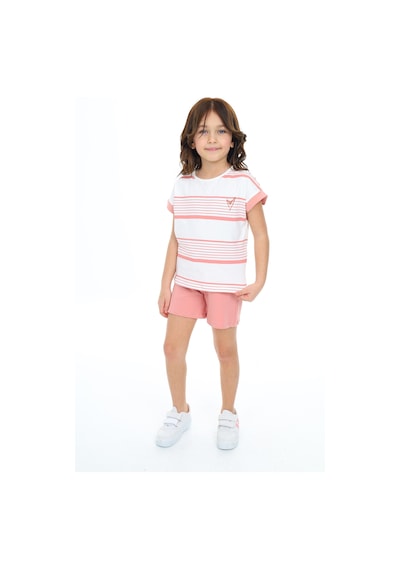 Toontoy Kids Toontoy Kız Çocuk Çizgili Kalp Nakışlı Şortlu Takım Koyu Pudra
