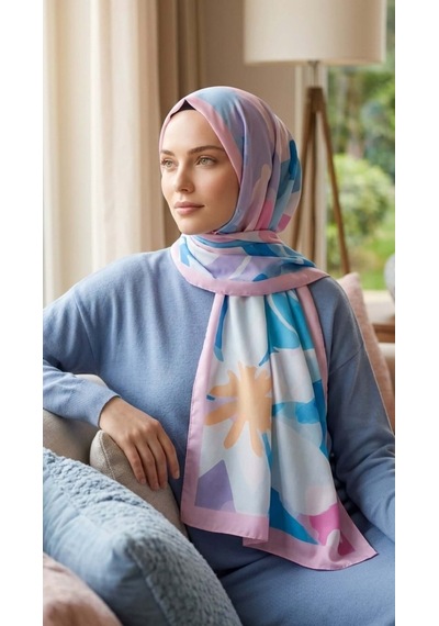 Moda Nuda Desenli Pamuk Soft Şal - İlham Serisi Mavi Pembe Kenarlı Mavi - Pembe
