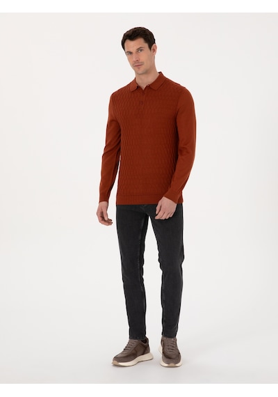 Cacharel Karamel Slim Fit Yün Karışımlı Polo Yaka Triko Kazak Kahverengi