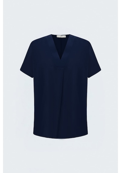 Sateen Geniş Kısa Kollu Bluz - Lacivert-137797