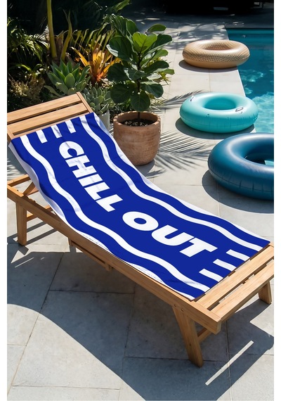Mavi Beyaz Chill Out Motto Plaj Havlusu - Modern Dalga Çizgili Hızlı Kuruyan Mikrofiber Havlu Yağmur Köpüğü