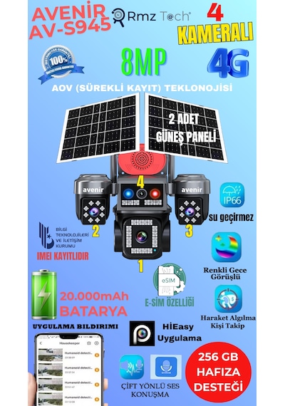 Avenir Av-s945 4 Kameralı 8mp E Sim 4g Sim Kartlı Ptz Kamera Gece Renkli Görüş + İnsan Takibi