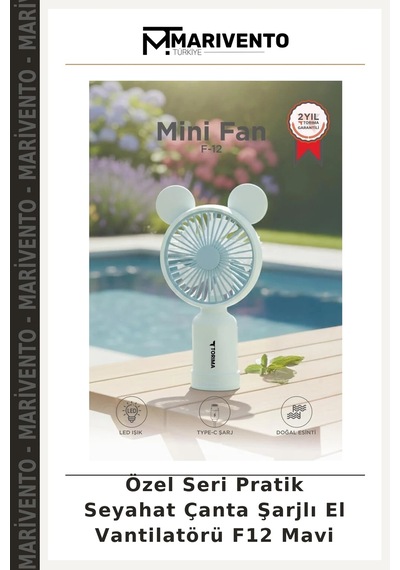 Özel Seri Pratik Seyahat Çanta Şarjlı El Vantilatörü F12 Mavi