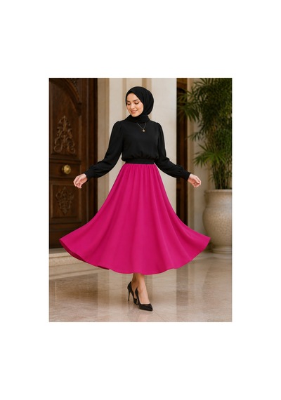 Elmoda Kadın Tam Daire Tesettür Saten Mevlana Etek Pembe Pembe