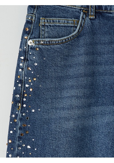 Lcw Jeans İndigo Yüksek Bel Taşlı Kadın Jean Şort