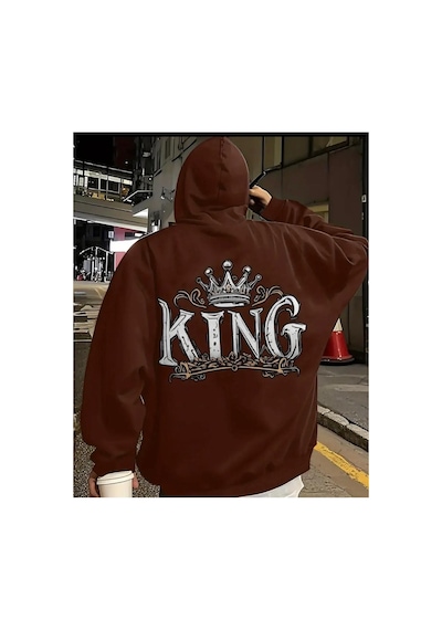 Herkesemoda Arka King Baskı Detaylı Kapüşonlu Sweatshırt Kahverengi