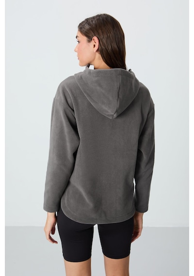 Tommy Life Koyu Gri Kalın Yumuşak Dokulu Kapüşonlu Oversize Nakışlı Polar Kadın Sweatshirt -97286 Koyu Gri