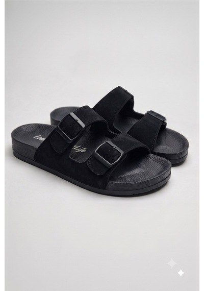 Premium Unisex Süet Görünümlü Çift Tokalı Rahat Anatomik Terlik Siyah
