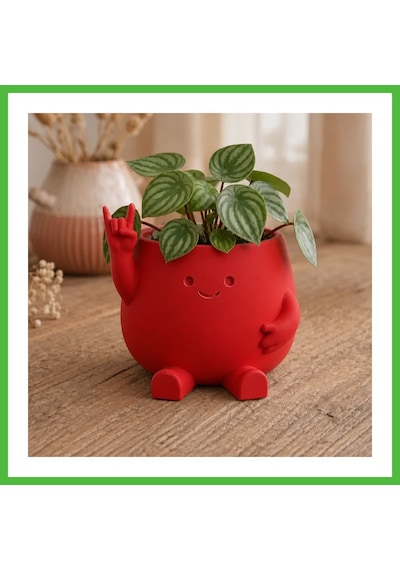 Vaveni 3d Baskı Smiley Face Planter - Gülümseyen Karakterli Saksı-kırmızı Arz