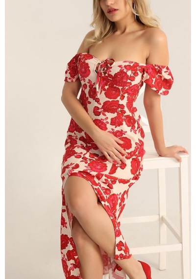 Moda Banuş Prenses Kol Kırmızı Çiçekli Önden Yırtmaçlı Slim Fit Kırmızı Elbise