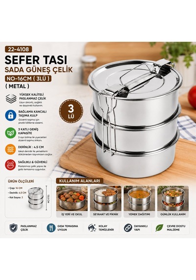 İbico Çelik No-16cm Sefer Tası 3'lu Metal Taşıma Kulp Bağlama Kancalı Diğer