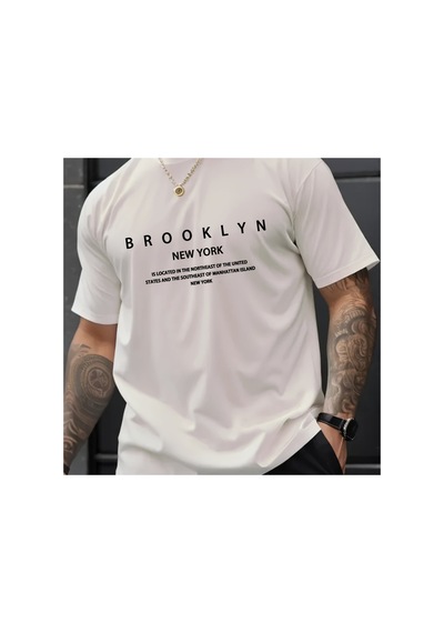 Caddemia Yaz  Rahat Gevşek Artı Boyutu Brooklyn Baskı Rahat Spor Yuvarlak Boyun Beyaz 2XL