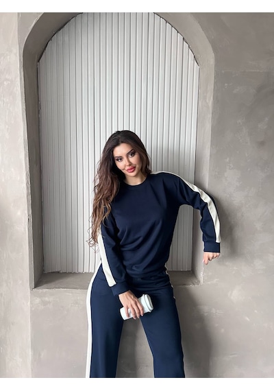 Fonna Fashion Tk-3038 Bayan Eşofman Takım Garnili- Bisiklet Yaka Lacıvert