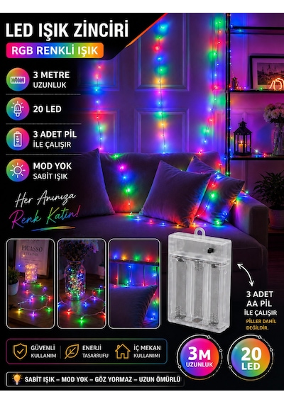 Kablolu Led Işık Zinciri Renkli Rgb Dekoratif Led Aydınlatma Oda Duvar Yatak Odası Parti Yılbaşı Süsü 3 Metre 20 Led Çok Renkli