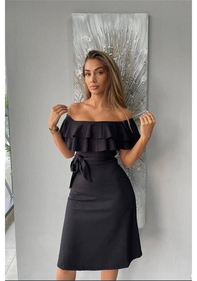 DefyModa Kadın Şık Detay Krep Kumaş Kayık Yaka Kuşaklı Abiye Elbise Siyah