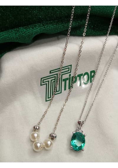 Tiptop/yeşil Taşlı Ve Gümüş Renk Yuvarlak Dorikalı Üç İncili Çelik Kolye Set Gümüş
