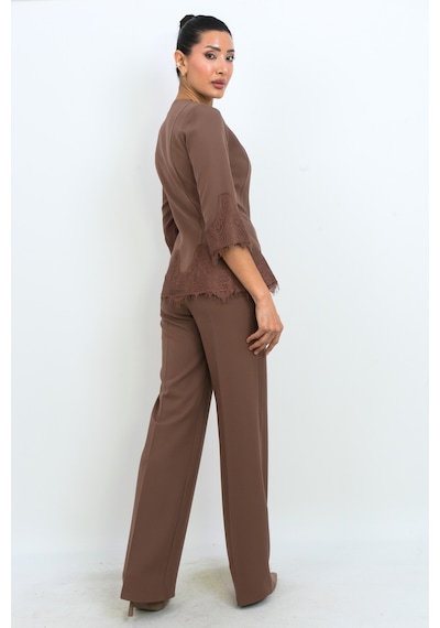 Dorne Moda Dantel Detaylı Düğmeli Pantolon Takım - Düğün - Mezuniyet - Ofis Şıklığı beyaz