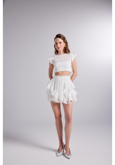 Holly Lolly Brode Detaylı Crop Pixie Bluz Beyaz