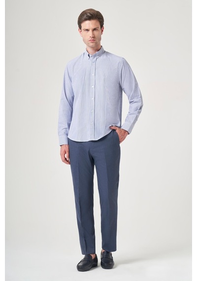 İmza Düğmeli Yaka Uzun Kol Cepsiz Slim Fit Pamuklu Gömlek 1004260205 Beyaz - K.mavi