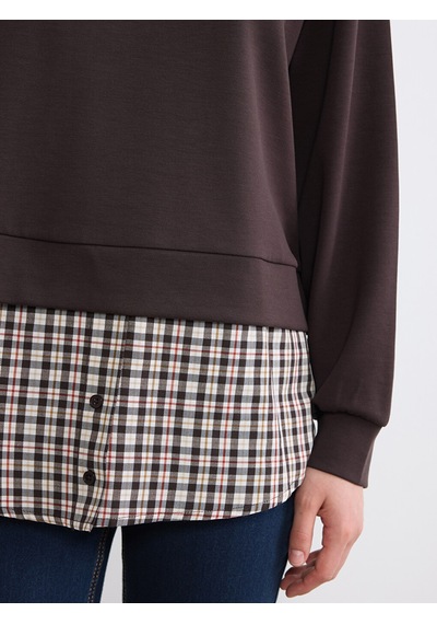 Lcw Modest Kahverengi Gömlek Yaka Ekoseli Kadın Sweatshirt Tunik