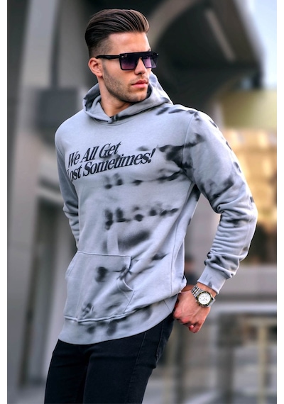 Madmext Boyalı Gri Baskılı Kapüşonlu Sweatshirt 5897