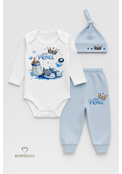 Babyden's Little Prince 3 Lü Erkek Bebek Takımı Uzun Kollu %100 Pamuk Body, Pantolon Ve Şapka Seti Mavi Açık Mavi