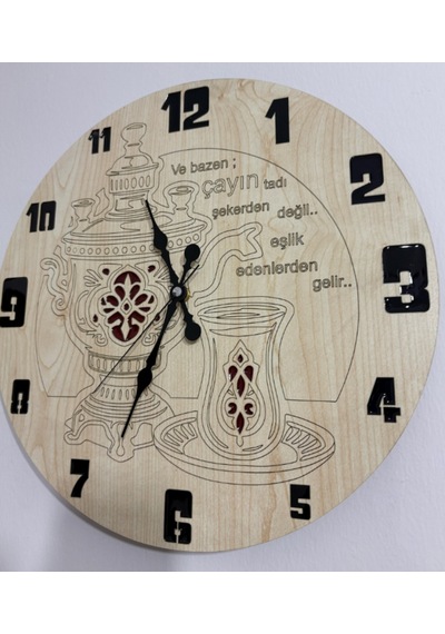 Ahşap Desen Duvar Saati - Çayın Tadı - Epoksi Reçine Kaplamalı - 40 Cm Ahşap