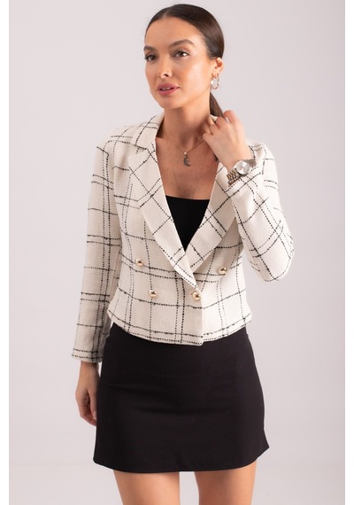 Armonika Kadın Beyaz Kruvaze Yaka Tüvit Crop Ceket Arm-24k001014