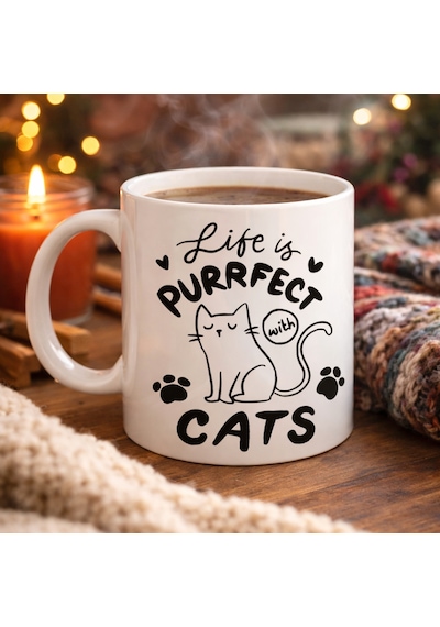 Northcity Life İs Purrfect With Cats Kedi Desenli Porselen Kupa Model 62 Sevimli Kedi Figürlü Kahve Kupası Diğer