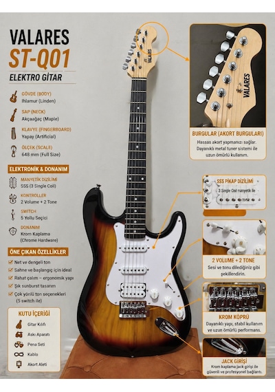 Valares St-q01 Leektro Gitar Üst Seviye Sahne Performansı Full Aksesuar Hediyeli Sunburst