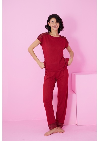 Siyah İnci Soft Touch İnce Mevsimlik Dantel Detaylı Örme Pijama Takım7864 Bordo