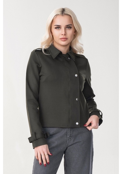 Bold & Young Kadın Viskon Polyester Likralı Kumaş Kol Ucu Toka Bantlı Kuş Gözü Aksesuarlı Çıt Çıtlı Cepli Ceket Haki