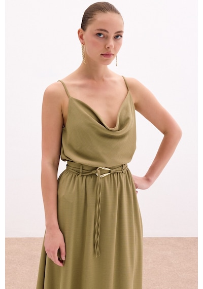 Sateen Degaje Yaka Dökümlü Bluz - Haki-136057 Haki