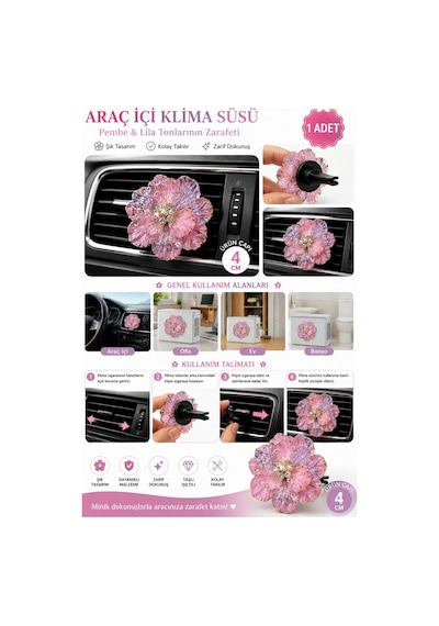 Pembe & Lila Mor Gold Varaklı Zirkon Taşlı Çiçek Araç İçi Klima Süsü