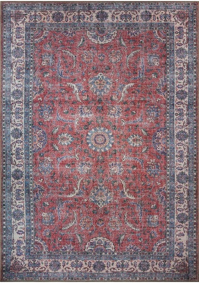 Solgun Kırmızı Ve Krem Eskitme Desenli Vintage Halı - Al84ou Bordo