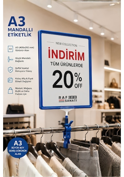 A3 Mandallı Fiyatlık Etiketlik Sepet Raf Askılık Fiyat Etiketi Çerçeveli Market Mağaza Mavi