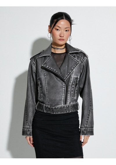 Koton Crop Biker Ceket Suni Deri Kruvaze Fermuarlı Gri 4sak20022ew