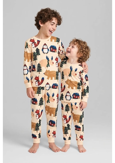 Zuzunga Sevimli Kardan Adam-penguen Desenli %100 Pamuk Unisex Çocuk Pijama Takımı Krem