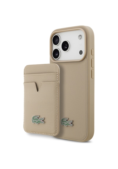 Apple Uyumlu iPhone 17 Pro Kılıf Lacoste Lisanslı M-safeli Pu Pike Desenli Metal Logolu Kartlıklı Kapak Bej Bej