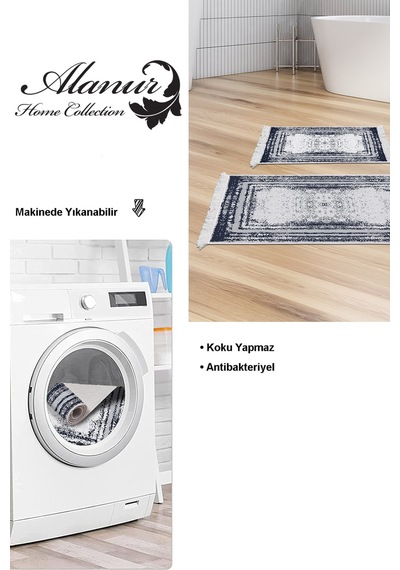 Dekoreko Kaymaz Taban Djt 2 Li Banyo Paspas Takımı Trend Saçaklı Modern M5132 lacivert