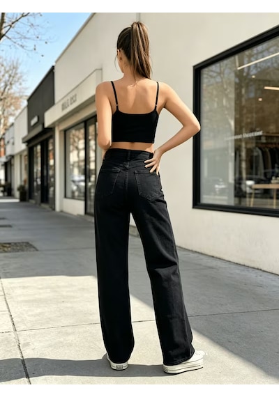 Layal My Beauty Melody Kadın Jeans Wide Leg Rahat Yüksek Bel Salaş Bol Paça Jean Palazzo Denim Kot Pantolon Siyah