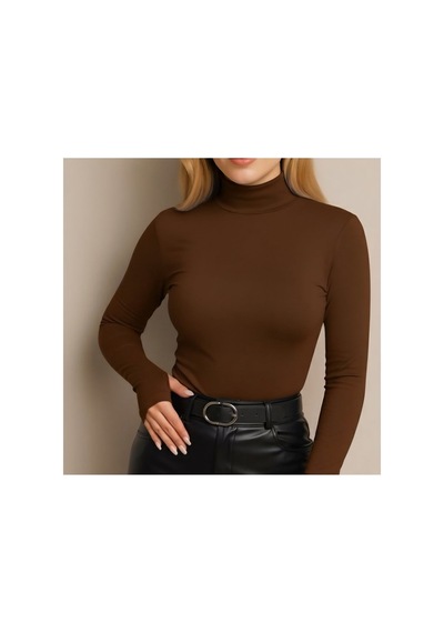 Unika Boutique Uzun Kol Dik Yaka Parmak Geçmeli Body T-shirt Kahverengi
