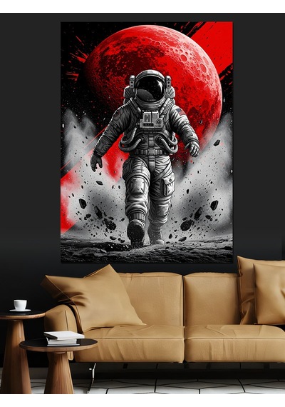 Kırmızı Ay Ve Astronot Dekoratif Kanvas - Mdf Ahşap Tablo