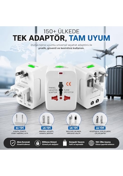 2 Adet 150 Ülke Universal Seyahat Adaptörü Çok Amaçlı Priz Dönüştürücü Usb Girişli Uk Eu Us Au Fiş Çevirici Akım Korumalı Taşınabilir Dünya Tipi Travel Adaptör
