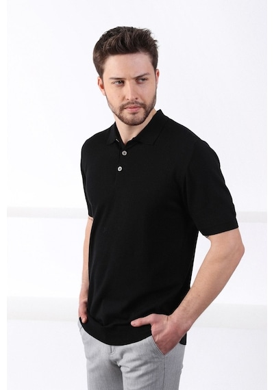 Ferraro Siyah Polo Yaka Düz Renk Erkek Pamuk Triko T-Shirt-Siyah