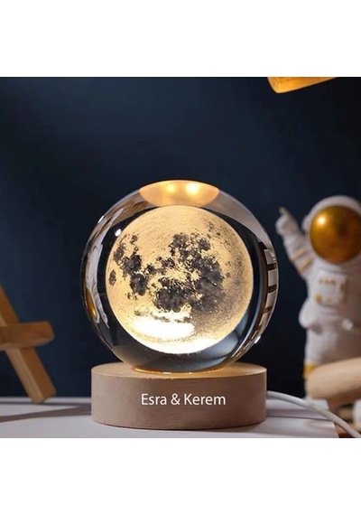 Kişiye Özel Büyük Boy Işıklı Ahşap Kaideli Dolunay Cam Küre 8cm