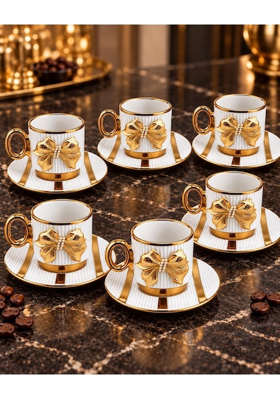 Valkyrie Petek Serisi 6 Kişilik 12 Parça Beyaz Gold Detaylı Türk Kahvesi Fincan Seti Porselen 90ml Beyaz Altın