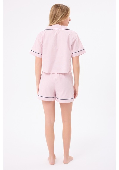 Lespadon Marısılk Seastrıpe Kadın Yazlık Şortlu Crop Gömlekli Pijama & Lounge Takımı-3176 Pudra