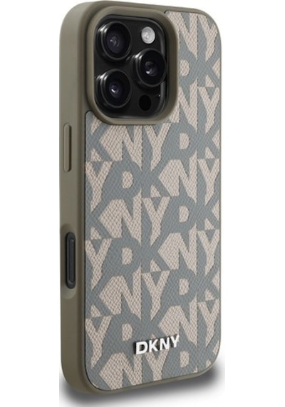 Apple Uyumlu iPhone 16 Pro Kılıf Dkny Lisanslı M-safe Şarj Özellikli 3d Yazılı Grid Pattern Kapak Gri